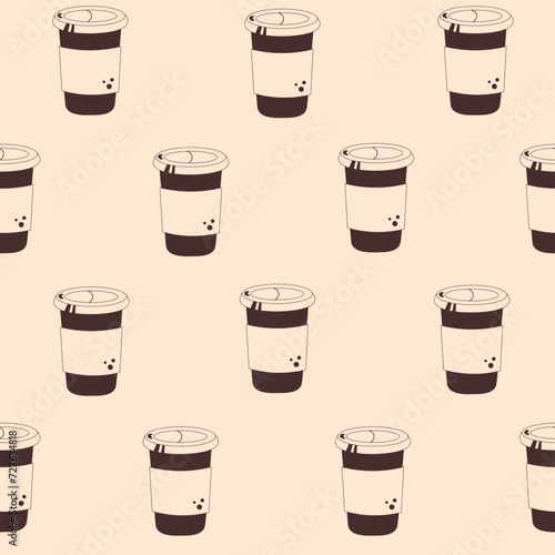 Coffee doodle icon seamless pattern. Simple repeat vector illustration of cardboard cup or plastic cup on beige background in minimal retro style