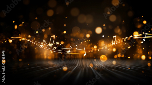 music note on a black background, blurry lights, gold musical note, bokeh, abstract background, concert, music party, singing event, music event 