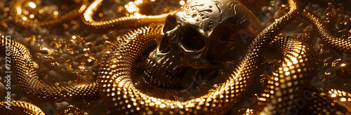 Golden skull and snake close up, texture