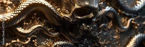 Black golden skull and snake close up, texture