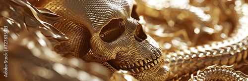 Golden skull and snake close up, texture photo
