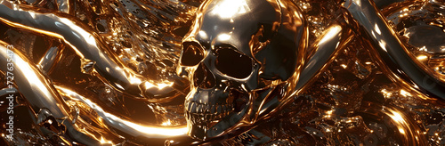 Black golden skull and snake close up, texture