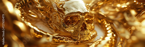 Golden skull and snake close up, texture