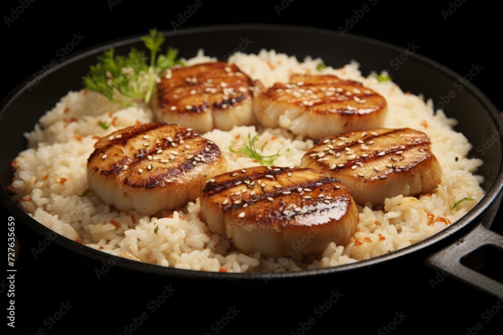 Tasty grilled scallops with rice in pan on black background Tasty grilled scallops with rice in pan on black background