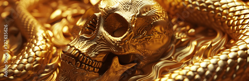 Golden skull and snake close up, texture