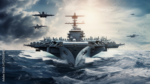 panoramic view of a generic military aircraft carrier ship with fighter jets take off during a special operation at a warzone, wide poster design with copy space area 