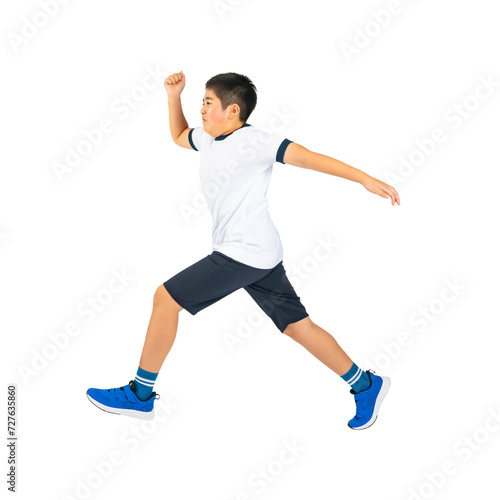 ジャンプする体操服を着た男の子 手作業で精密に切り抜いた背景透過全身写真PNG
