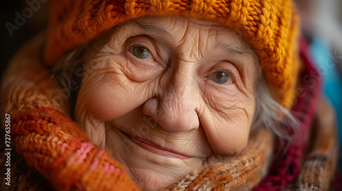 grandmother smiling by looking at a photography camera, happy grandmother, cheerful grandmother