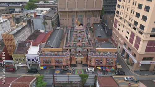 Kuala Lumpur Sri Maha Mariamman city Temple Malaysia. fly reverse drone
Nice aerial top view flight 
4k footage photo