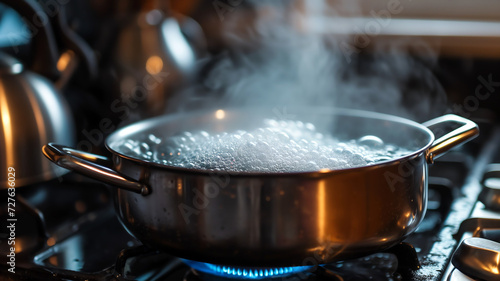 boiling water pot on stove with steam photo