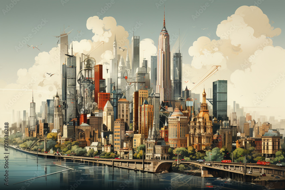 Obraz premium Lifestyles, city life, night life concept. Abstract, minimalist and surreal colorful mega city with skyscrapers illustration. Modern art style