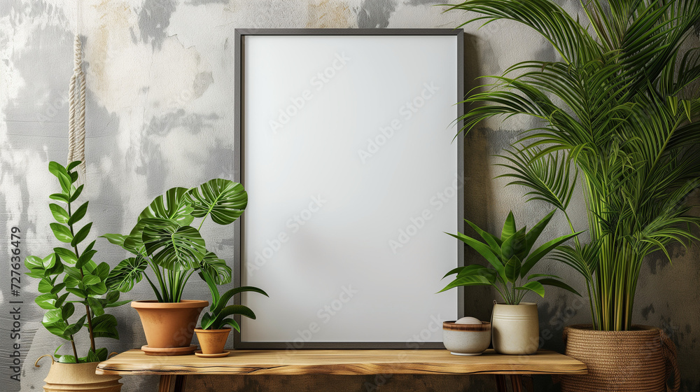 3d wooden frame hanging on the wall, in the style of photorealistic still life, photo-realistic still life, poster, Picture Frame on minimal wall texture background. Mock up frame in home. 