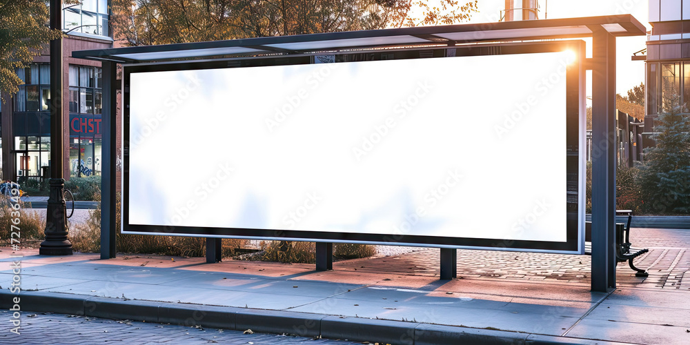 a large billboard with a blank white sheet,  for advertising mockups and urban city concepts and presentations.Mock up Billboard Media Advertising Poster template at Bus Station city street - obrazy, fototapety, plakaty 