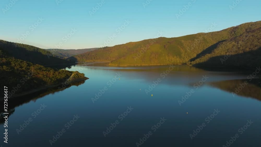 Encoro da Ribeira Reservoir In As Pontes de García Rodríguez, A Coruña, Spain. Aerial Wide Shot Encoro da Ribeira Reservoir In As Pontes de García Rodríguez, A Coruña, Spain. Aerial Wide Shot