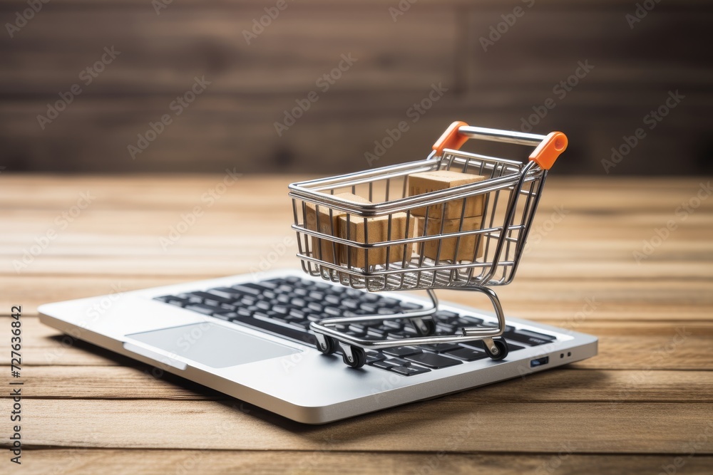 Seamless online shopping. laptop with virtual shopping cart for convenient digital purchases