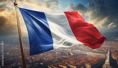 Flag of France blowing in the wind. Full page French flying flag. 3D illustration. photo