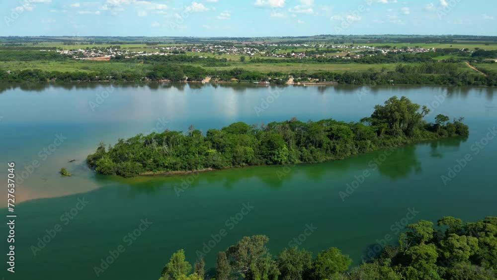 Aerial view over the Parana river with Porto Maringa in the background in Brazil Aerial view over the Parana river with Porto Maringa in the background in Brazil