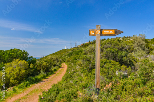 trail sign on bike and hiking route in Buyukada Nature Park (Adalar, Turkey)