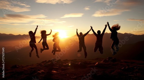 Energetic silhouette of group joyfully jumping in front of majestic mountain at sunrise