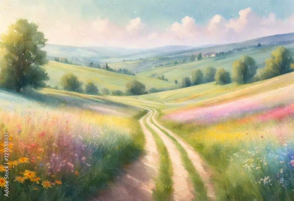 A serene countryside scene with rolling hills covered in carpets of wildflowers, the soft pastel hues creating a picturesque vista, a sense of tranquility pervading the landscape
