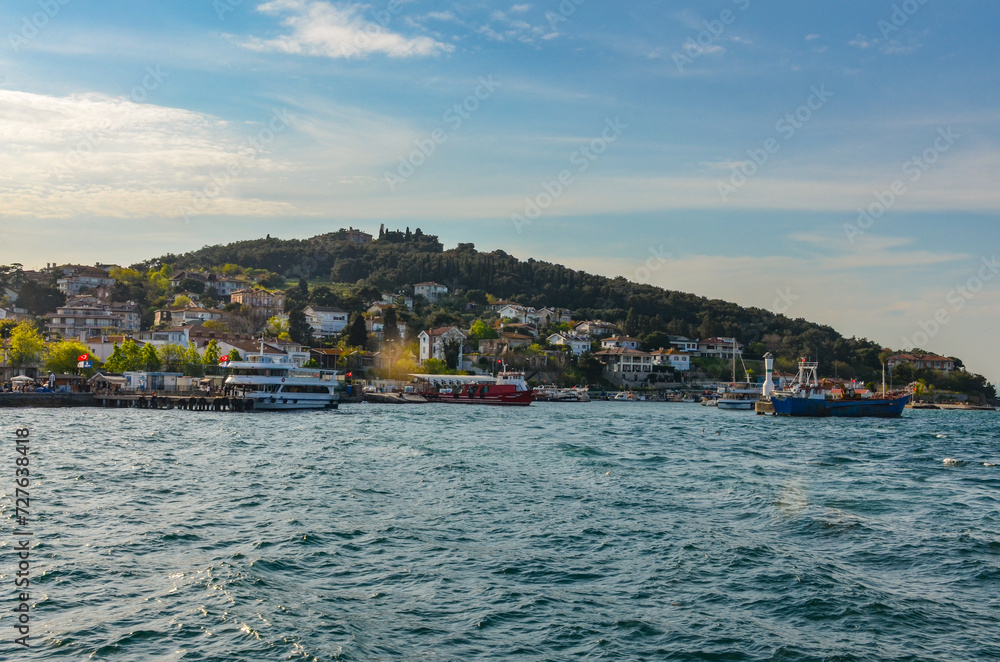 Heybeliada island and harbor view from Buyukada ferry (Adalar, Turkey)
