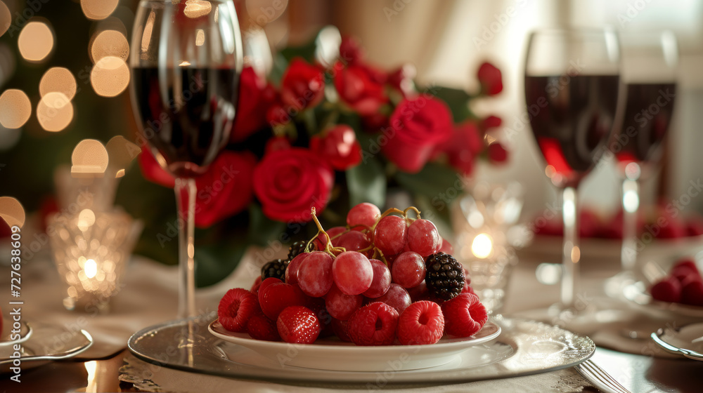 Table with a bouquet of red roses and wine. Romantic atmosphere for a date. Table with a bouquet of red roses and wine. Romantic atmosphere for a date.