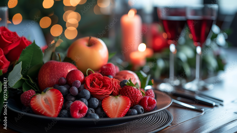 Table with a bouquet of red roses and wine. Romantic atmosphere for a date. Table with a bouquet of red roses and wine. Romantic atmosphere for a date.