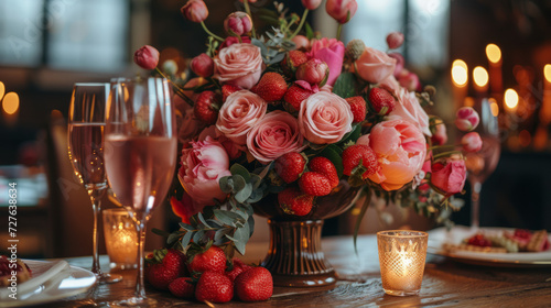 Table with a bouquet of red roses and wine. Romantic atmosphere for a date.