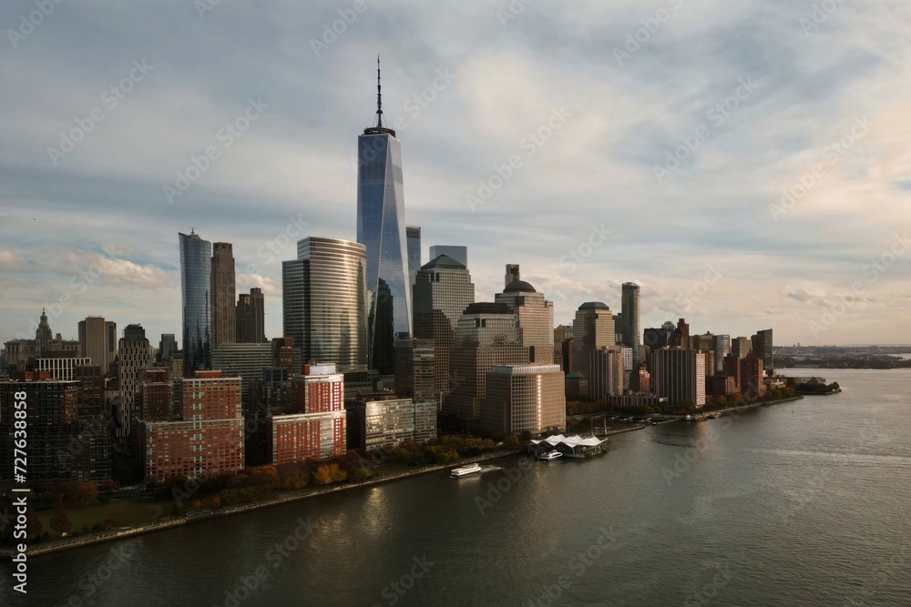 New York skyline. Manhattan view from Jersey, New York skyscraper. Aerial view of Big Apple. New York panorama from Hudson. Cityscape landmark. Lower Manhattan NY. New York City Skyline with Urban