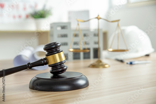 Wooden gavel, house and yellow helmet