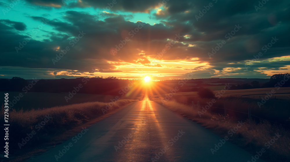 Dramatic sunset over a country road.