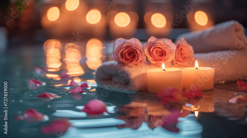 Bath in a romantic atmosphere. Rose petals and candles.