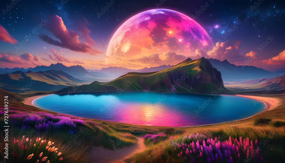 Obraz premium Sweet Dreams. Landscape. Dreamy. Tranquil. Imaginary. Magical. Sleep. Night. Stars. Ethereal. Fantasy. Relaxation. Heavenly. Calm. Serene. Whimsical. Surreal. Sleeping Concept. AI Generated.