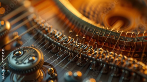 Closeup abstraction with a musical instrument. A beautiful musical form resembling a piano. Internal piano system with keys and strings photo