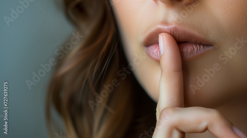 Close-up of woman s finger on her lips.