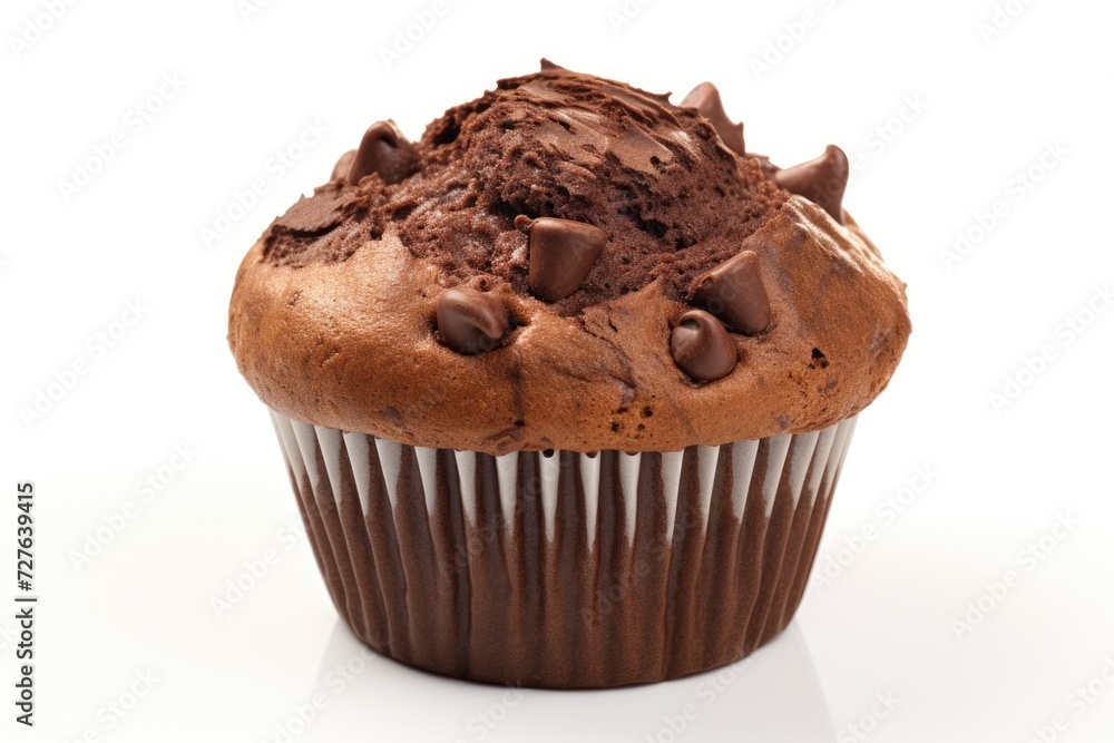Delicious Chocolate Muffin Isolated on White Background. Close-up View of a Tasty Pastry Cake