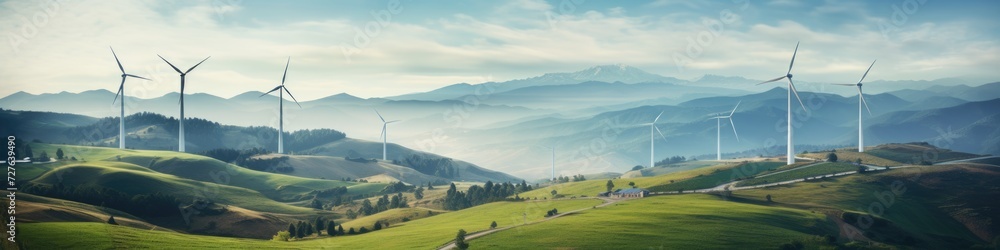Fototapeta premium Turbines on the Mountain: A Landscape of Renewable Energy, with Windmills Powering the Green