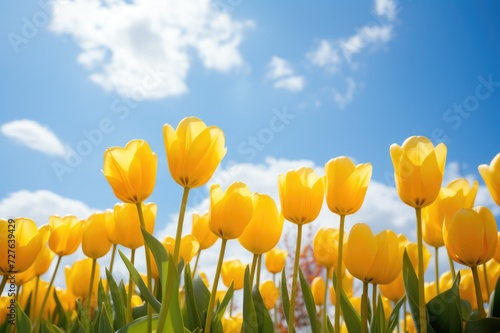 Yellow Tulips in a Dutch Field. Closeup of Many Blooming Tulips under Blue Sky on Sunny Day