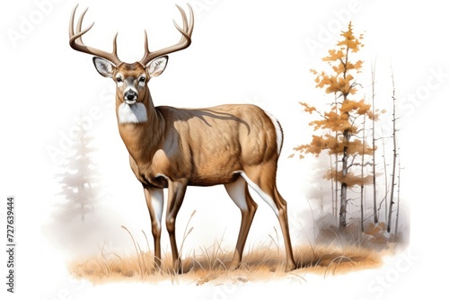 Alert Buck. Large Whitetail Buck with Majestic Antlers Isolated on White Background