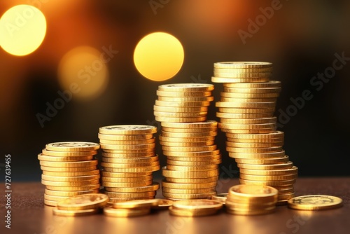 Gold Investment Concept: Stack of Gold Coins on Business Chart with Blurred Forex Trading