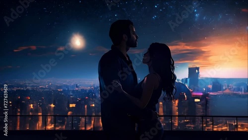 4K video animation of Lovers man and girl against background night city, night starry sky and horizon. Concept date Valentine's Day, first kiss and love, forever together. photo