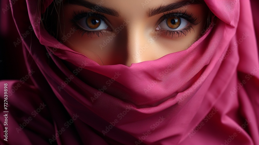 Young female wearing hijab beauty face magenta color style Young female wearing hijab beauty face magenta color style