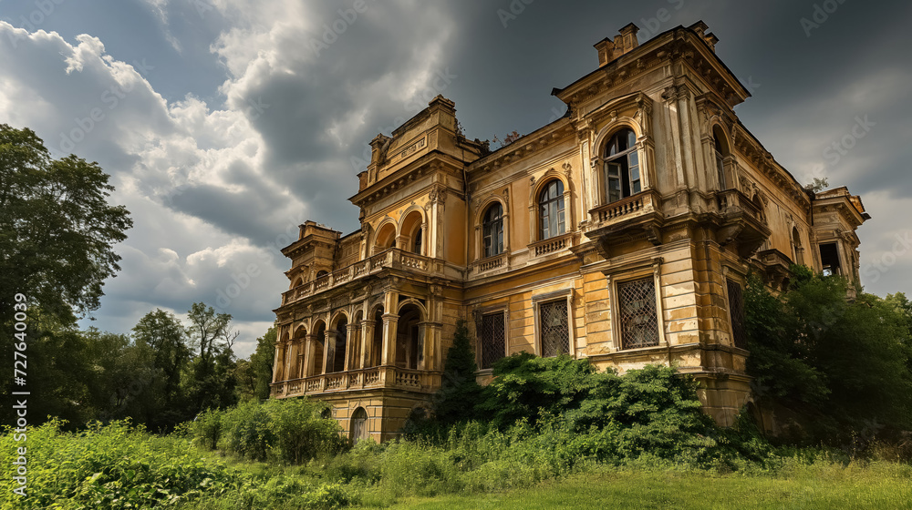Aged mansion in overgrown foliage under clouds.