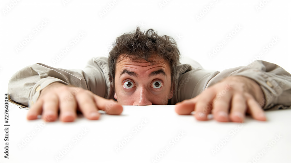 Man peering over edge with wide, surprised eyes. Man peering over edge with wide, surprised eyes.