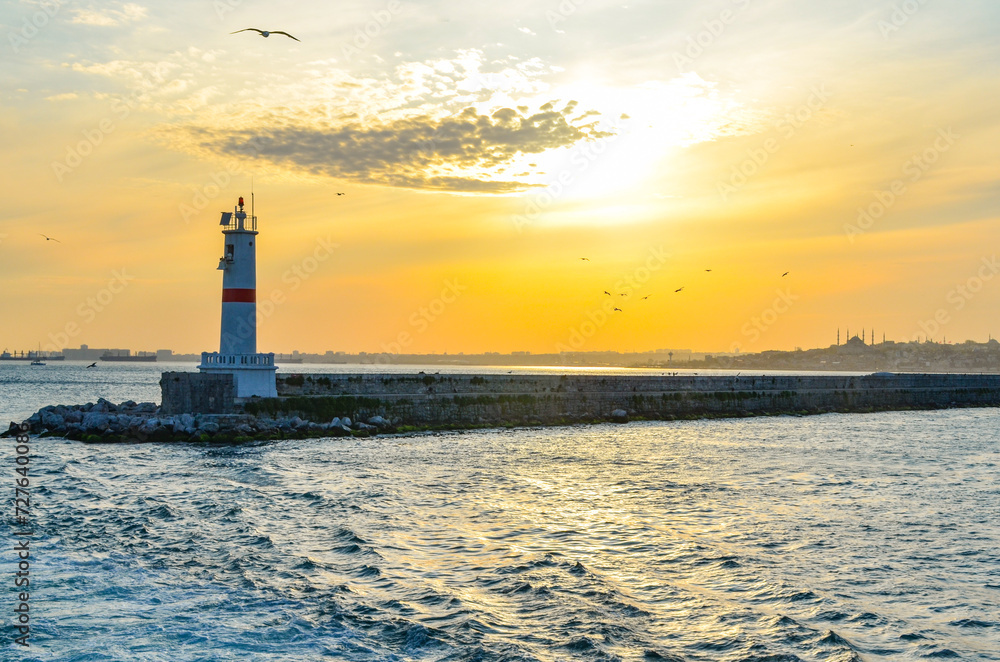 lighthouse in Kadikoy harbor on Anatolian side of Istanbul evening view