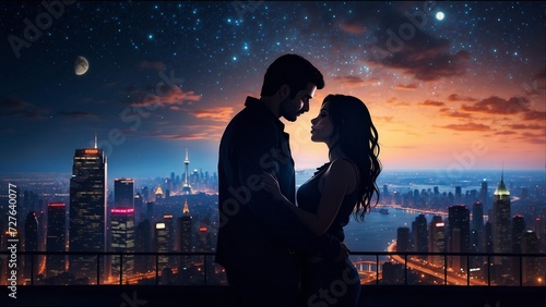 Illustration of Lovers man and girl against background night city, night starry sky and horizon. Concept date Valentine's Day, first kiss and love, forever together.