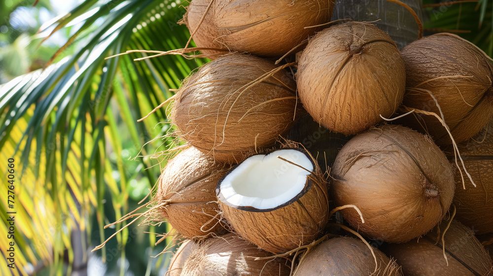 Cluster of coconuts with one open. Cluster of coconuts with one open.