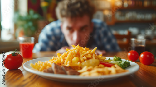Man hungrily eyeing a plate of cheesy fries. photo