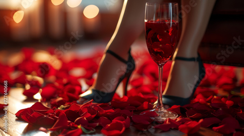 Female legs with a glass of wine. Rose petals on the floor.