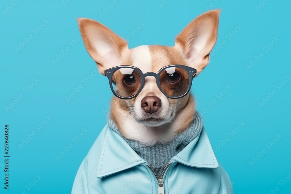 Funny Chihuahua wearing glasses with black frames. Portrait of a cute pet. Fashionable and stylish dog wearing glasses on a turquoise isolated background.